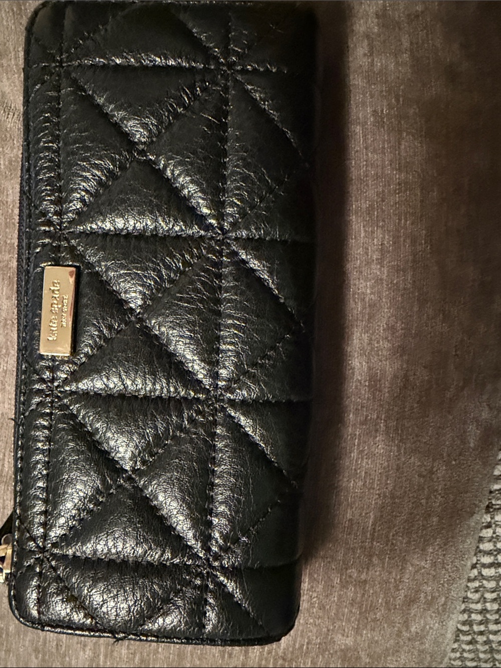 kate spade Quilted Black Leather Zip-Around Wallet with Gold Plaque